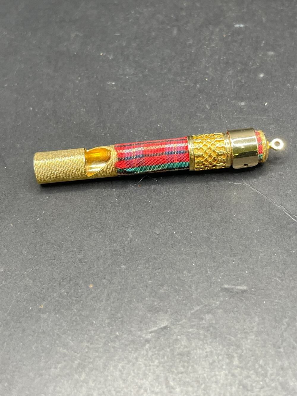 Vintage Tartan Plaid Mini Whistle Keychain Pendant Brass Gold Tone Scottish